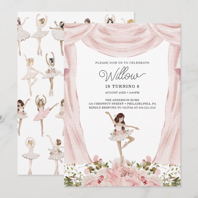Invitation Danse Ballerina Fille fête d'anniversaire (Devant / Derrière)