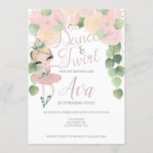 INVITATION DANSE ET TWIRL ANNIVERSAIRE DE BALLERINA FLORALE