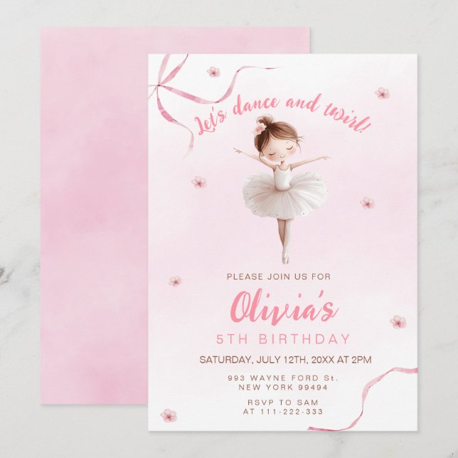 Invitation Danse et Twirl Petite Ballerina Fille Anniversaire (Devant / Derrière)