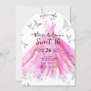 Invitation Danse Papillon Argent Rose Fête des 16 ans