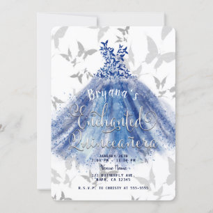 Invitation Danse Papillon Robe Bleue Argent 15 Quinceañera