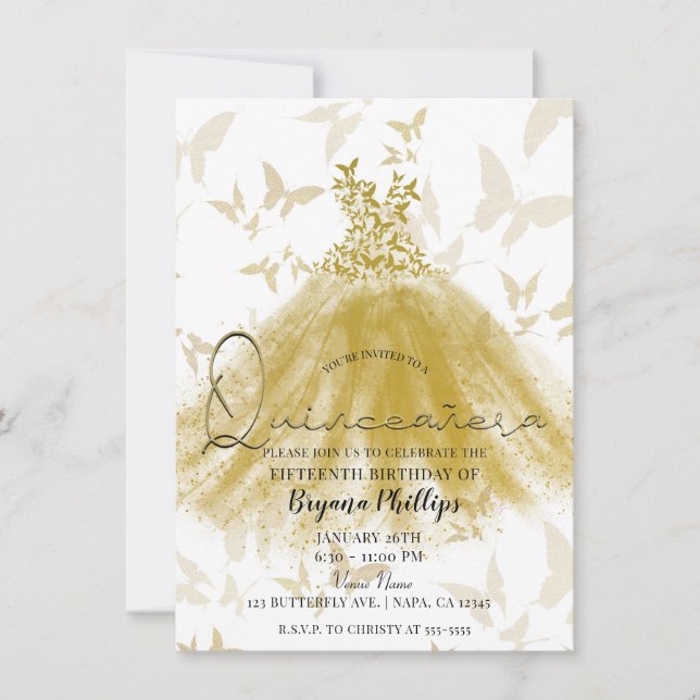 Invitation Danse papillon Robe d'or étincelante Quinceañera (Devant)