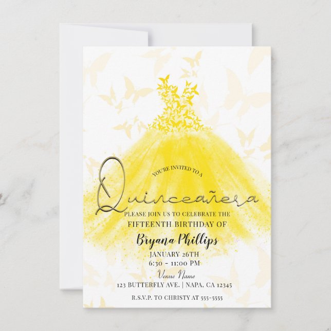 Invitation Danse papillon Robe étincelante jaune Quinceañera (Devant)