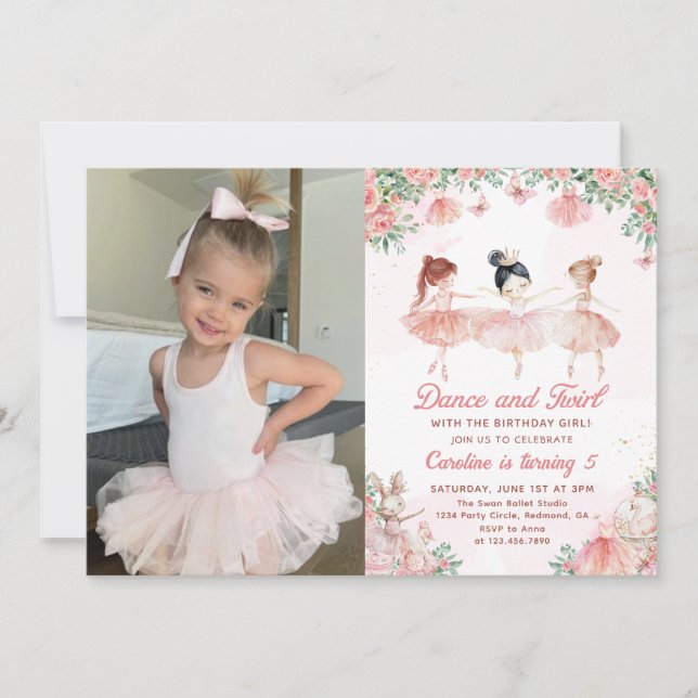 Invitation Danse & Twirl Ballerina Girl Birthday Photo (Devant)
