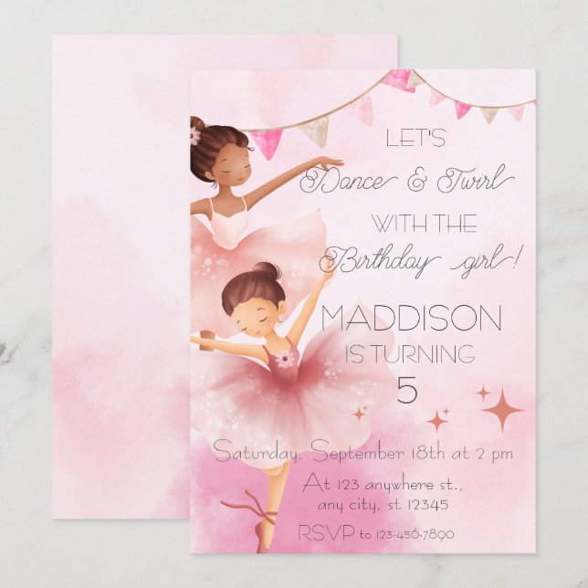 Invitation Danse & Twirl Rose Ballerina Ballet Anniversaire (Devant / Derrière)