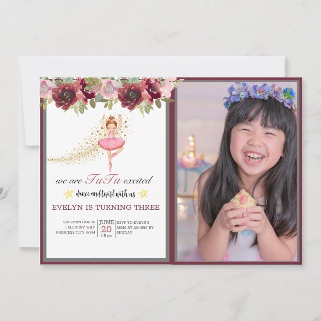 Invitation Danseur Ballerina| Ballet Floral Rose Anniversaire (Devant)