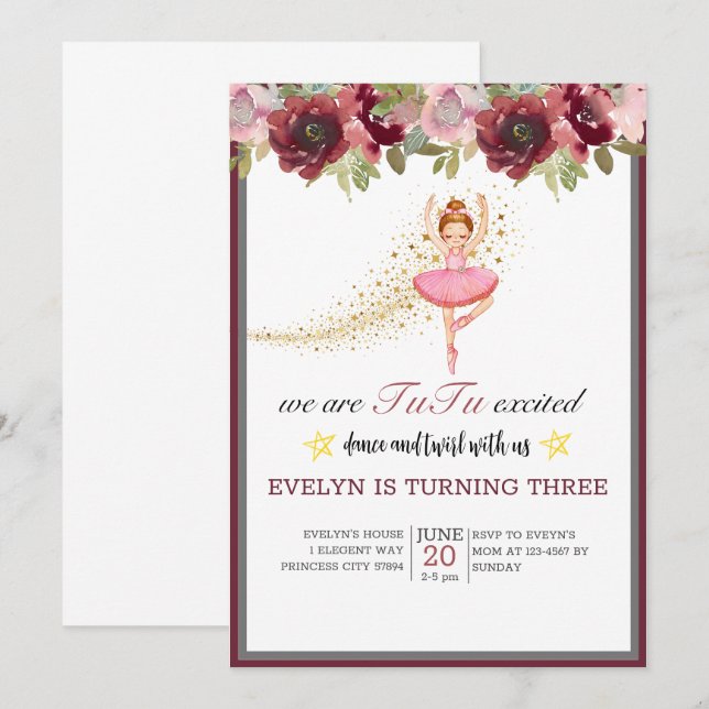 Invitation Danseur Ballerina| Ballet Floral Rose Anniversaire (Devant / Derrière)