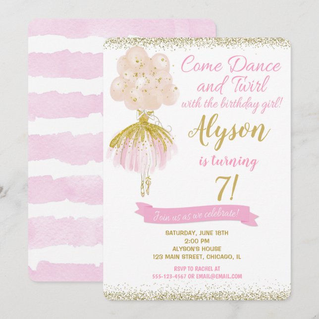 Invitation Danseur de ballerine rose et or anniversaire (Devant / Derrière)