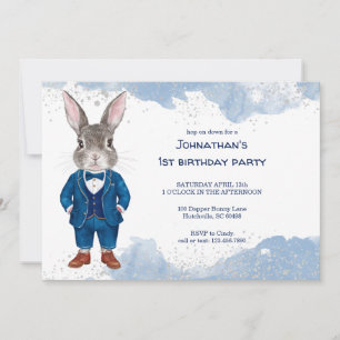 Invitation Dapper Bunny dans un costume bleu garçon fête d'an