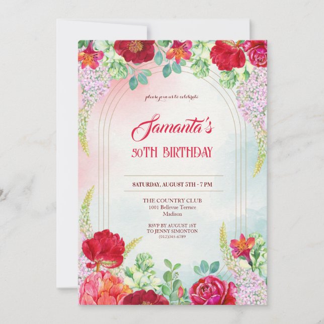 Invitation d'aquarelle florale 50e anniversaire (Devant)