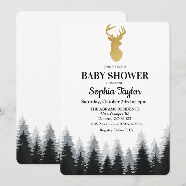 Invitation d'arbre de forêt de cerfs Baby showers (Devant / Derrière)