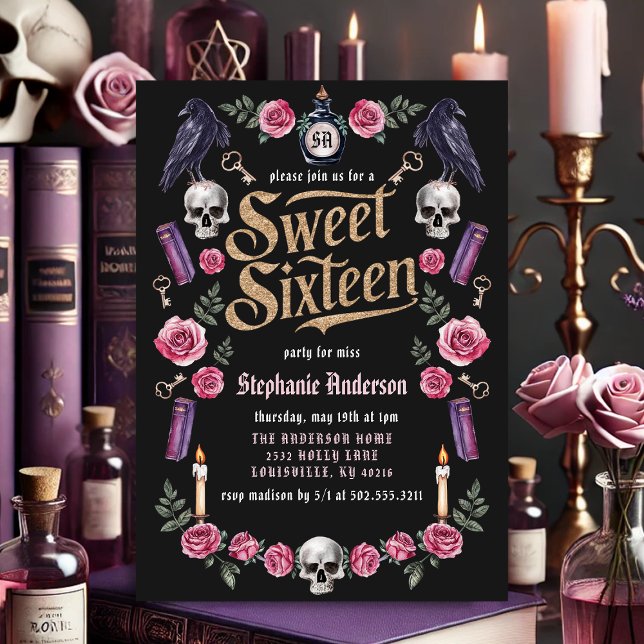 Invitation Dark Academia Gothic Gold Floral Sweet 16 (Créateur téléchargé)