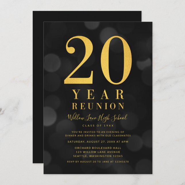Invitation Dark Bokeh Lights 20 Année Classe Réunion (Devant / Derrière)