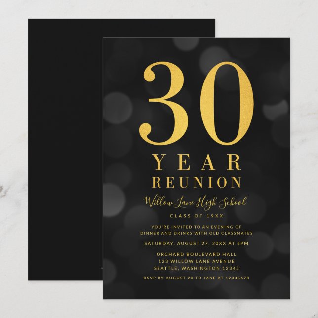 Invitation Dark Bokeh Lights Réunion de classe de 30 ans (Devant / Derrière)