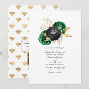 Invitation Dark Emerald et Gold Floral QR Code RSVP Mariage