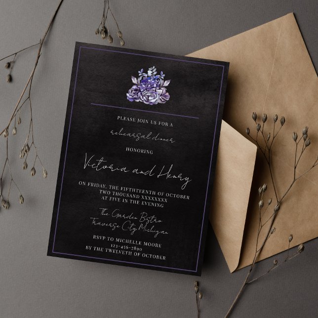 Invitation Dark Floral Black Moody Purple Rehearsal Dinner (Créateur téléchargé)