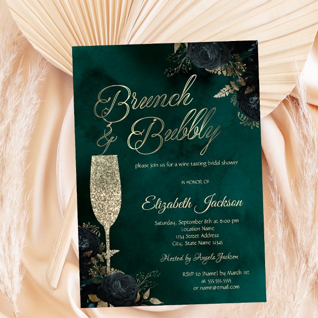 Invitation Dark Flowers Champagne Glass Green (Créateur téléchargé)