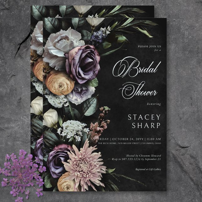 Invitation Dark Gothic Mysterious Muted Floral Fête des marié (Dark Gothic Mysterious Muted Floral Bridal Shower Invitation)