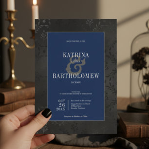 Invitation Dark Gothique Noir Floral Satin Damas Mariage bleu