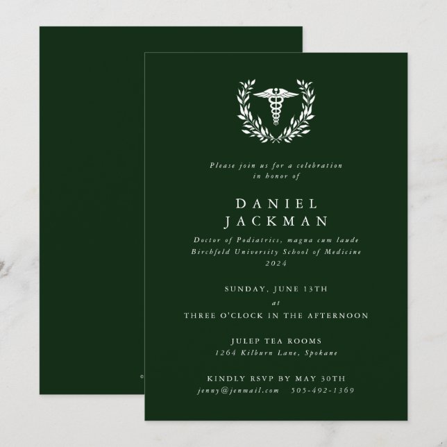 Invitation Dark Green Caduceus Médicale School Graduation (Devant / Derrière)