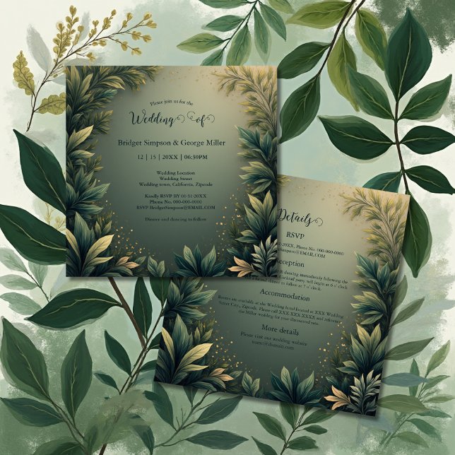 Invitation dark green elegant nature wedding all in one  (Créateur téléchargé)