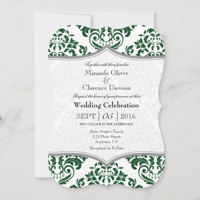 Invitation Dark Green Gris Damask Bracket Wedet Inviter (Devant)