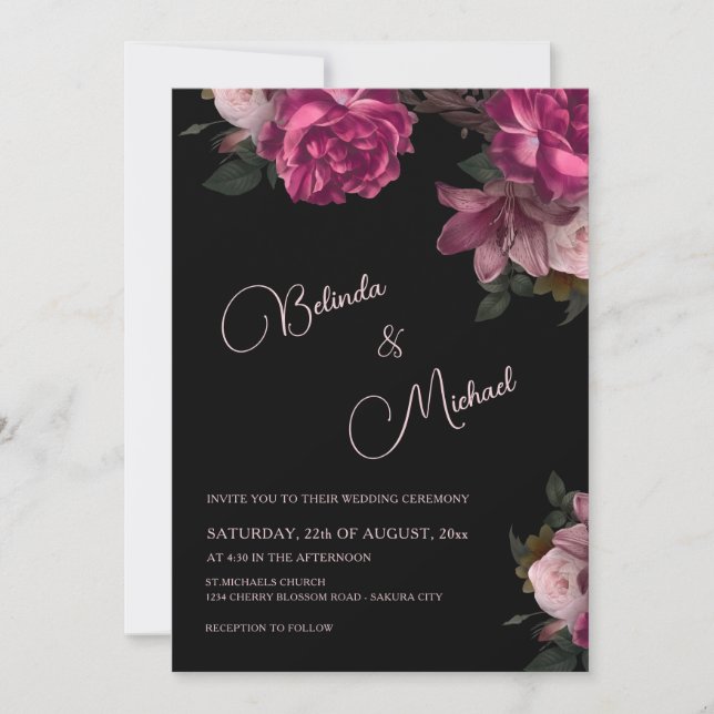 Invitation Dark Hand Drawn Roses Photo Wedding (Devant)