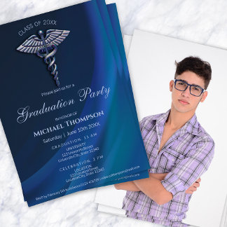 Invitation Dark Holographic Blue Medical Graduation | Photo
