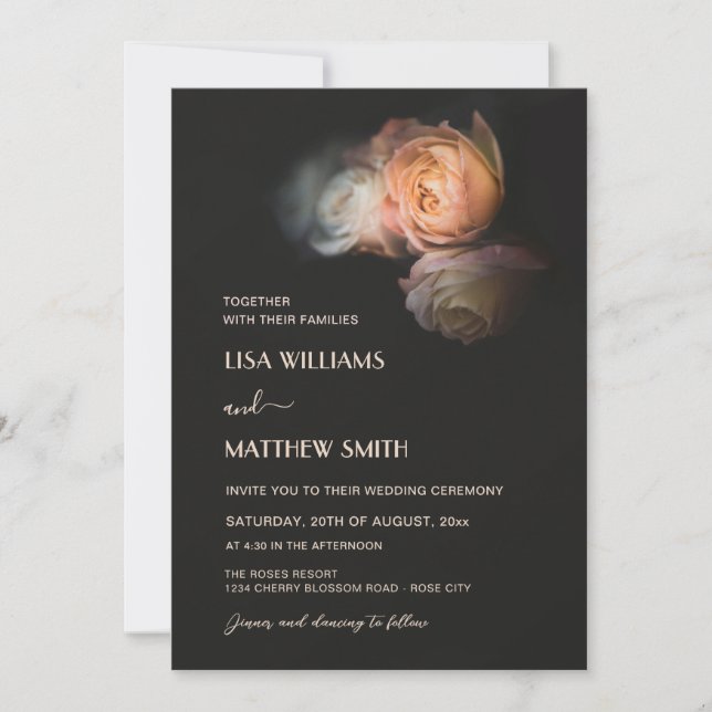 Invitation Dark Moody Blush Apricot Roses Wedding (Devant)