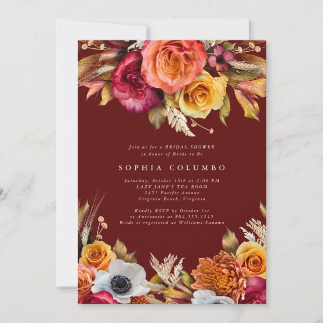 Invitation Dark Moody Fall Floral lRomantic Bridal Shower  (Devant)
