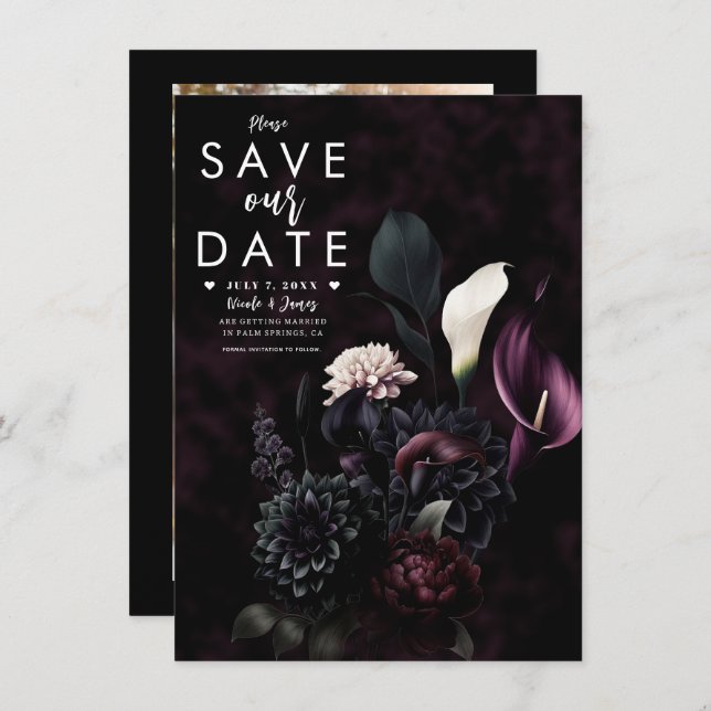 Invitation Dark Moody Mariage floral romantique Enregistrer l (Devant / Derrière)