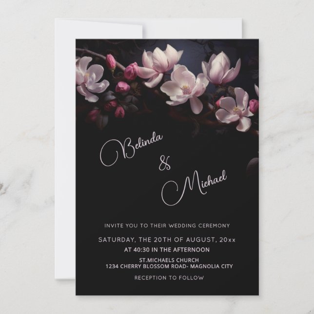 Invitation Dark  Moody Romantic Magnolia Flowers (Devant)