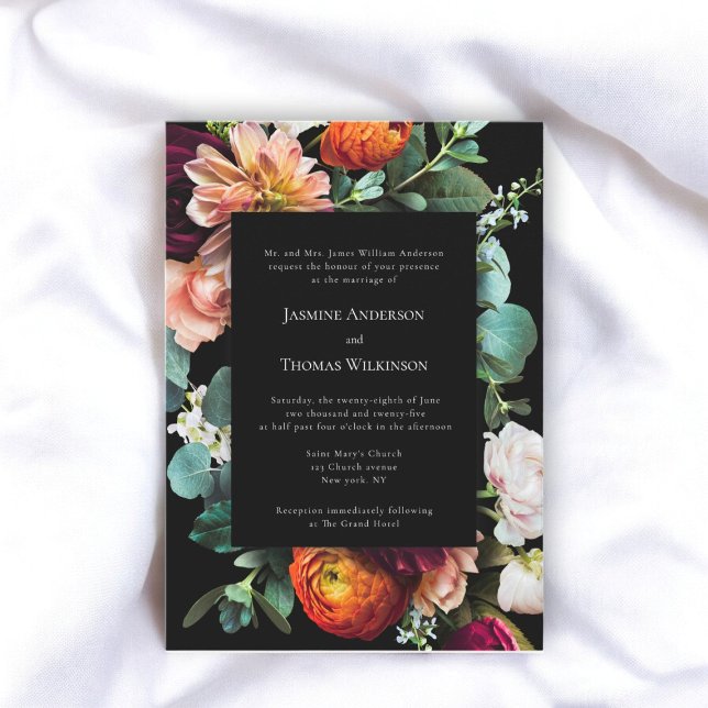 Invitation Dark moody romantique hollandais floral traditionn (moody romantic dutch floral wedding invitation with traditional text )