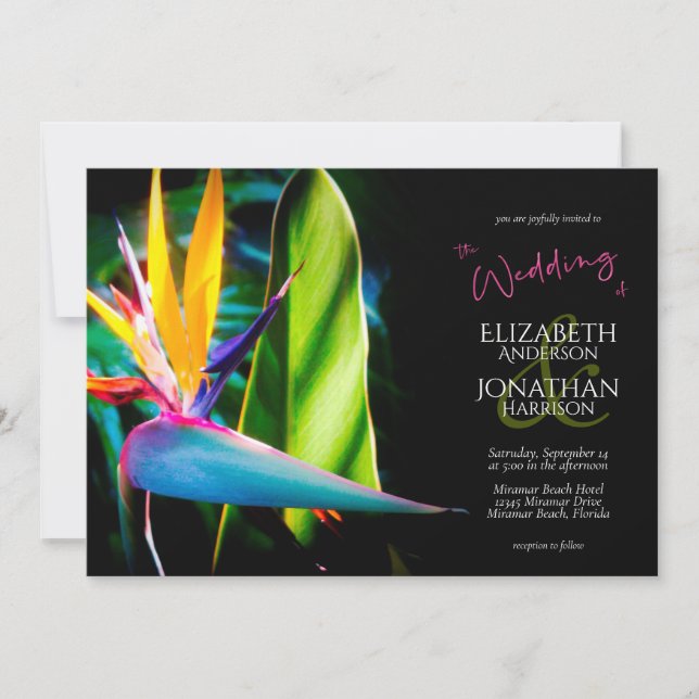 Invitation Dark Moody Tropical Floral Bird of Paradise Black (Devant)