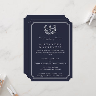 Invitation Dark Navy MD Asclepius + Laurel Wreath Graduation
