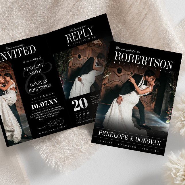 Invitation Dark Photo Magazine QR Code Tout en un Mariage (Dark Photo Magazine QR Code All In One Wedding Invitation)