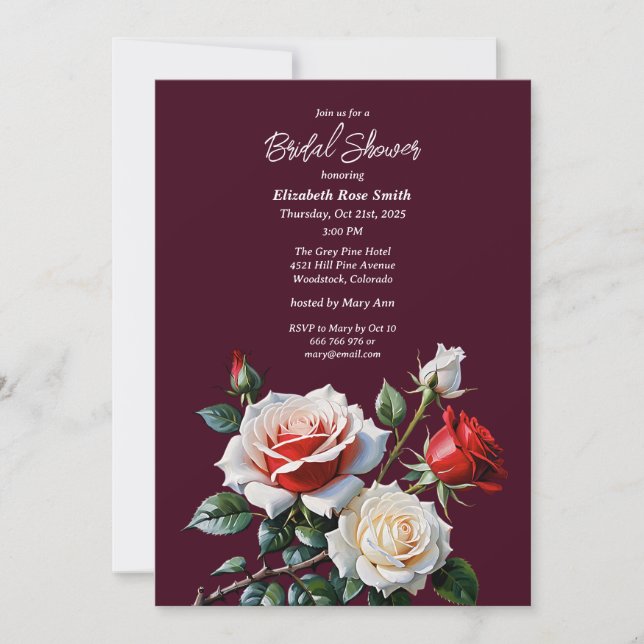 Invitation Dark Pretty pink white red roses bridal shower (Devant)