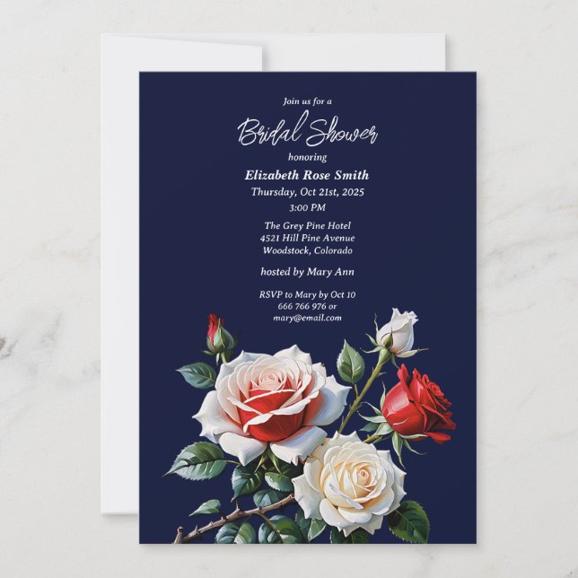 Invitation Dark Pretty pink white red roses bridal shower (Devant)