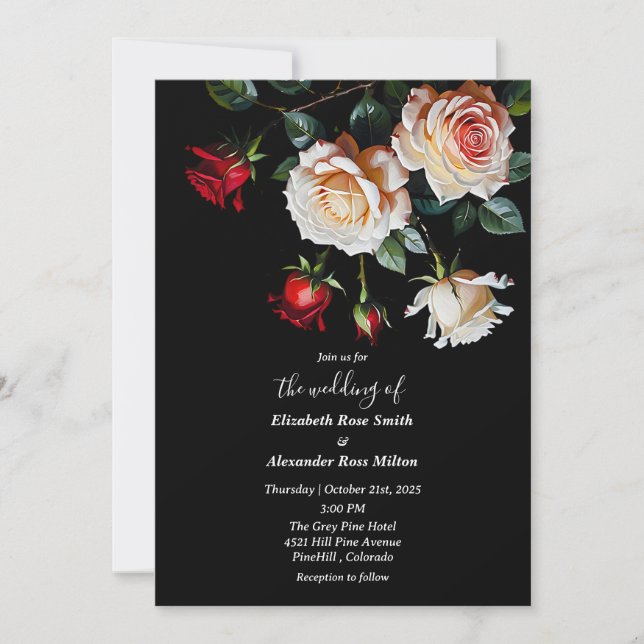 Invitation Dark Pretty Red pink white roses floral wedding (Devant)