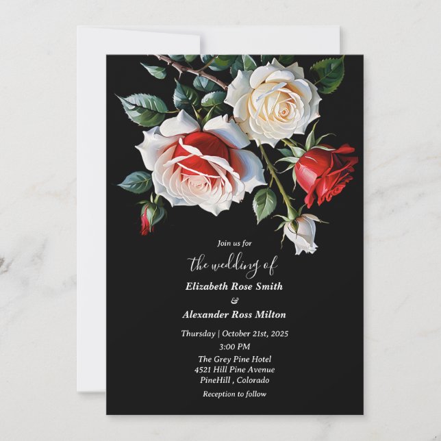 Invitation Dark Pretty white red pink roses floral wedding (Devant)