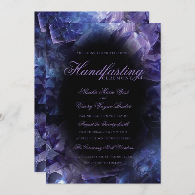 Invitation Dark Purple Boho Witch Crystals Black Handfasting (Devant / Derrière)