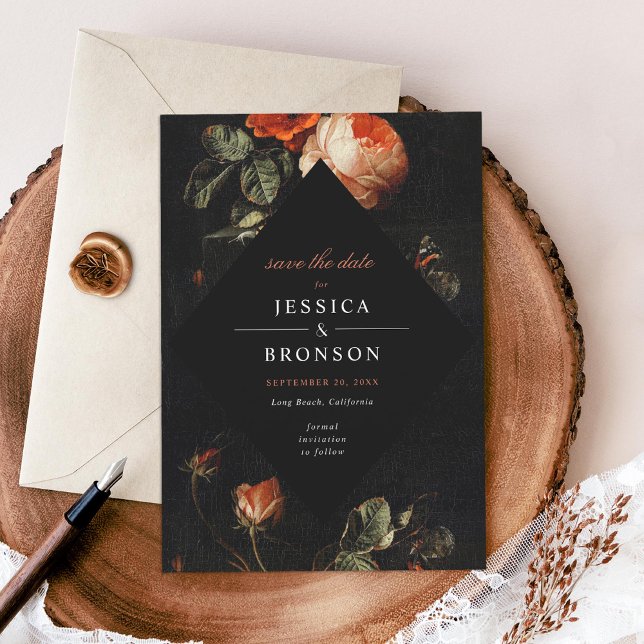 Invitation Dark Romantic Floral Roses néerlandais Sauvez la d (Créateur téléchargé)