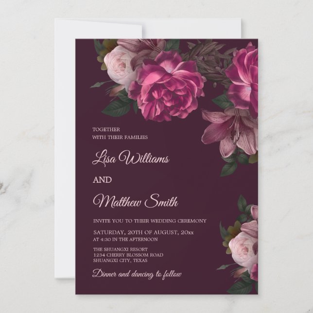 Invitation Dark Romantic Hand Drawn Roses Wedding (Devant)
