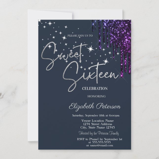 Invitation Dark Violet Glitter Drips, Stars Blue Sweet 16  (Devant)