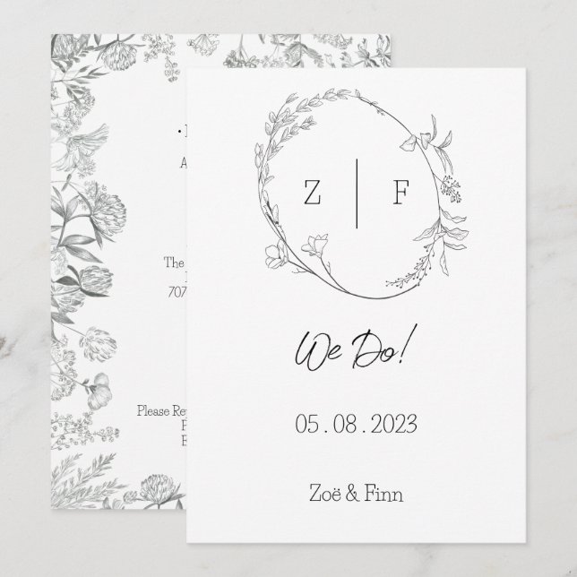 Invitation d'art en ligne botanique floral noir et (Devant / Derrière)