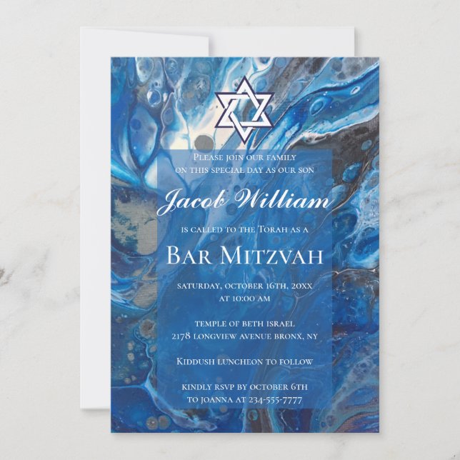 Invitation d'Art Fluide Bleu Barre Juive Mitzvah (Devant)