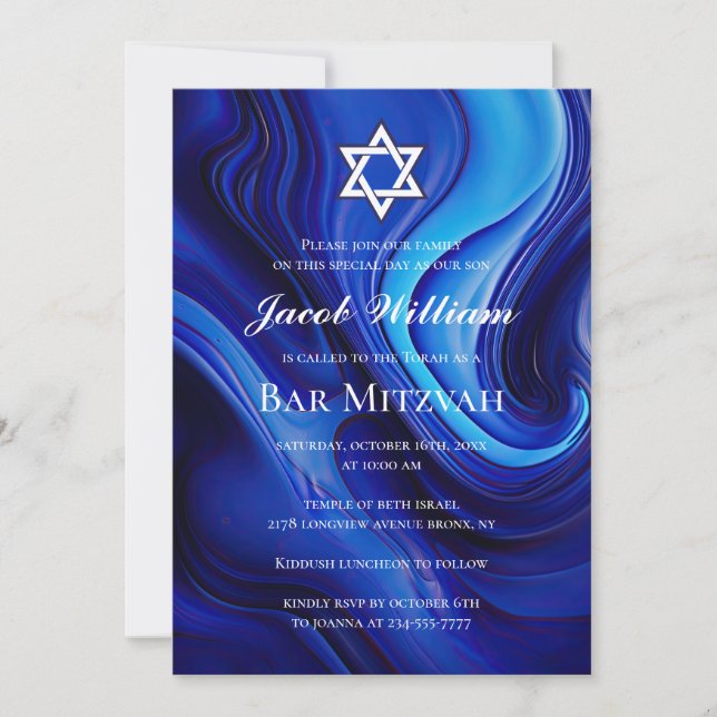 Invitation d'Art Fluide Bleu Barre Juive Mitzvah (Devant)