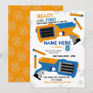 Invitation Dart Gun Fun Aim Shoot Blue Anniversaire Invitatio