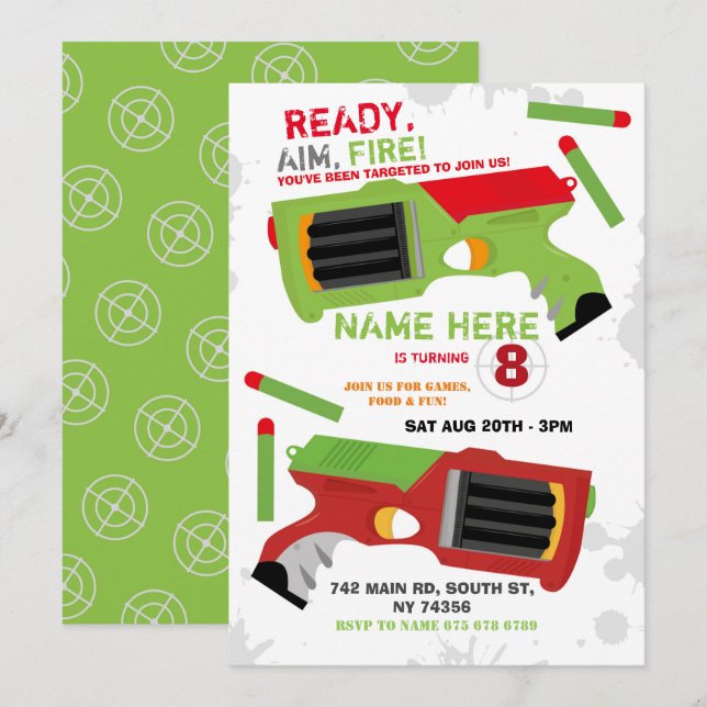 Invitation Dart Gun Fun Aim Shoot Party Anniversaire (Devant / Derrière)