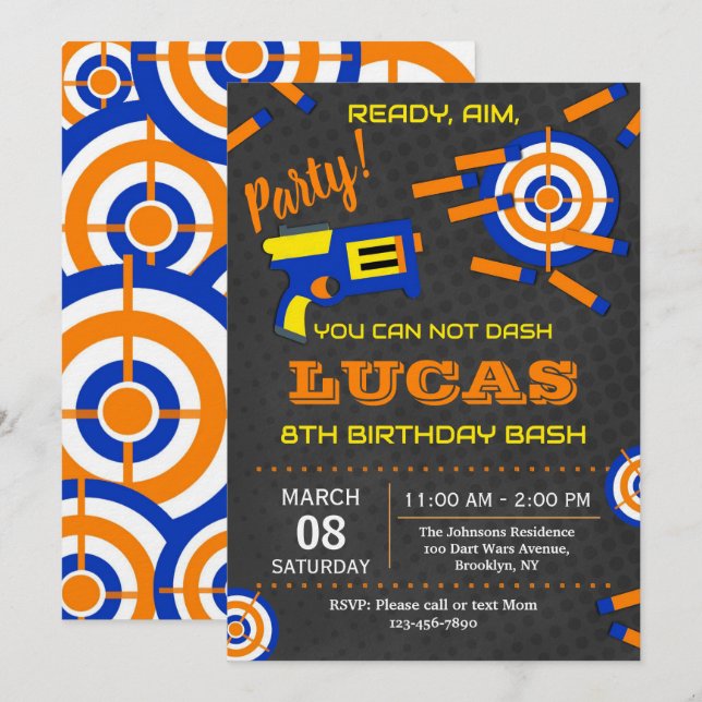Invitation Dart Gun Wars Birthday Party (Devant / Derrière)